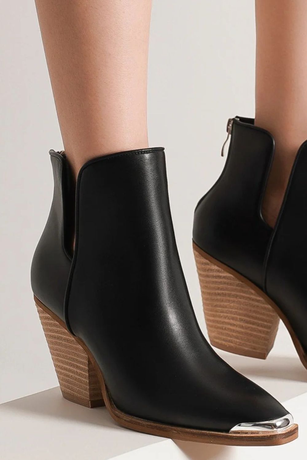 Metal-Tip Toe Block Heel Ankle Boots